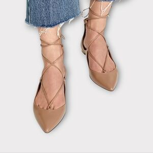 Aquazzura Beige Leather Christy Ankle Wrap Pointed Toe Flats